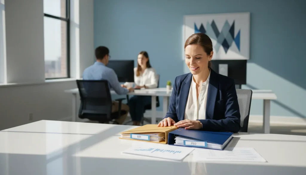 Staffing agency owner reviewing employer of record vs PEO options