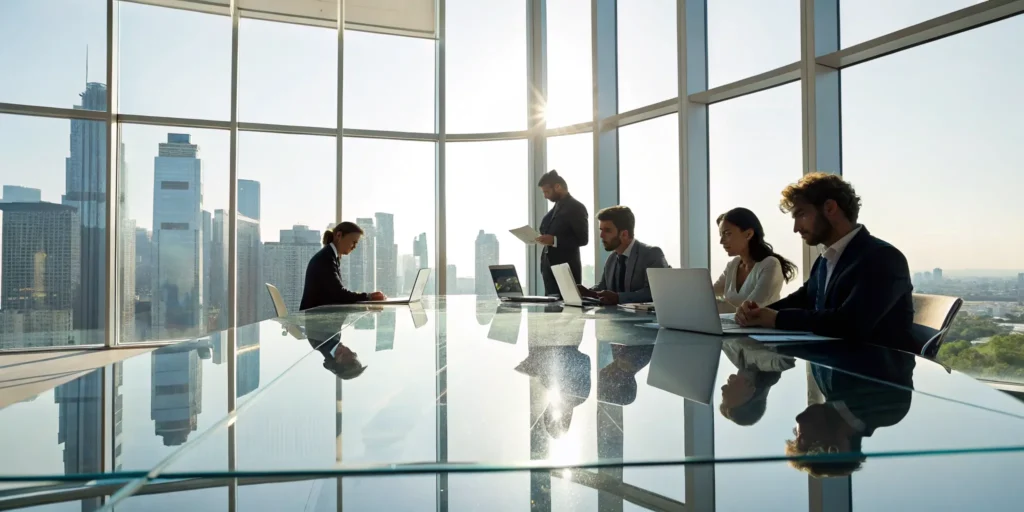 A team collaborates on how to improve staffing agency efficiency in their office.