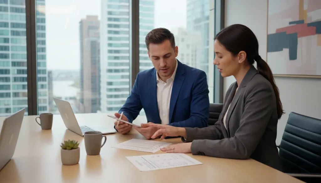 Staffing agency owner reviewing insurance for staffing agencies with an advisor