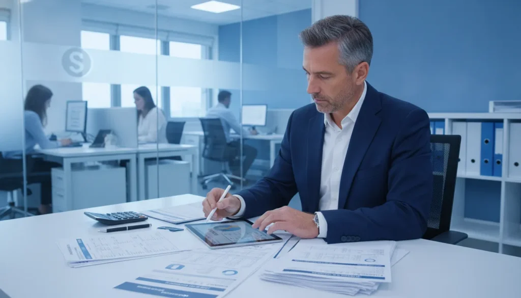 Staffing firm owner reviewing a prospective client's credit