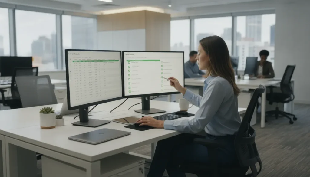 Staffing payroll specialist reviewing timecards before payday