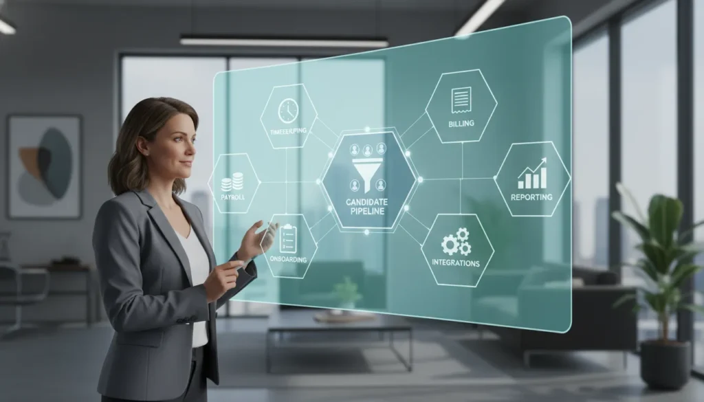 Independent firm owner evaluating staffing agency software workflows