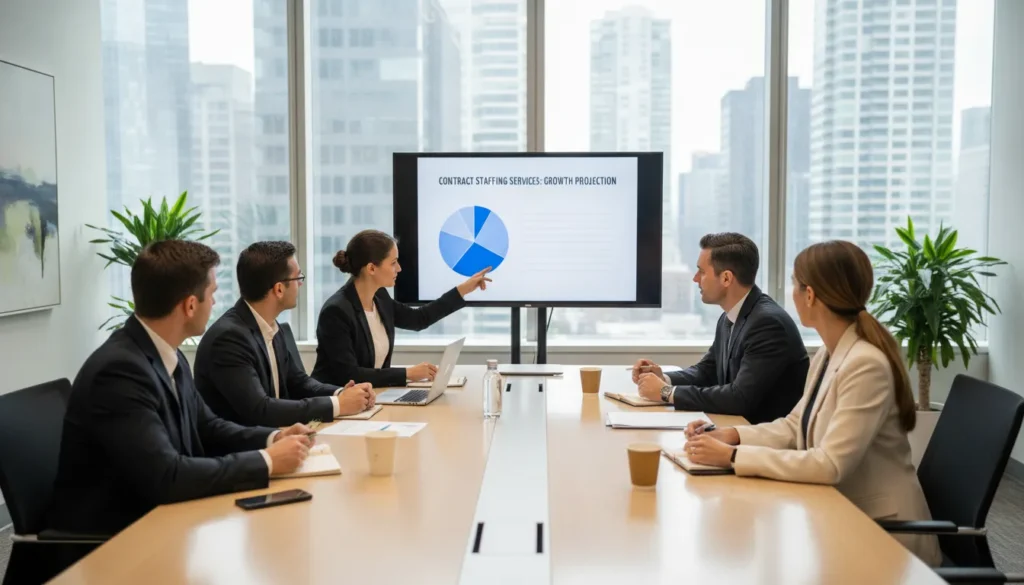 Recruiting firm owners discussing adding contract staffing services in a modern office
