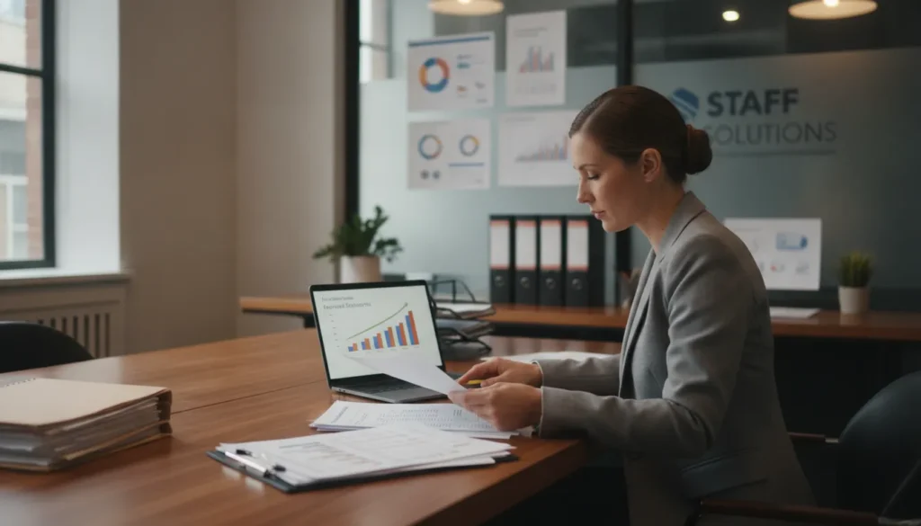 Staffing agency owner reviewing financial documents at a desk with cash flow charts