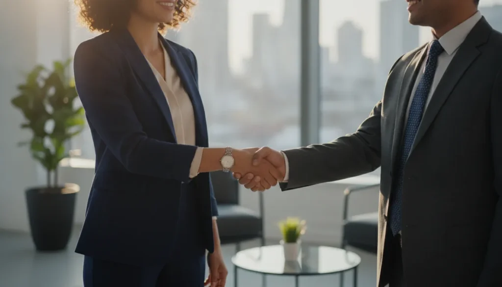 Two business professionals shaking hands in a modern office, representing a successful staffing contract agreement