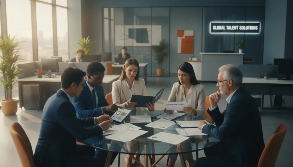 Professional staffing agency team reviewing compliance documents in a modern office