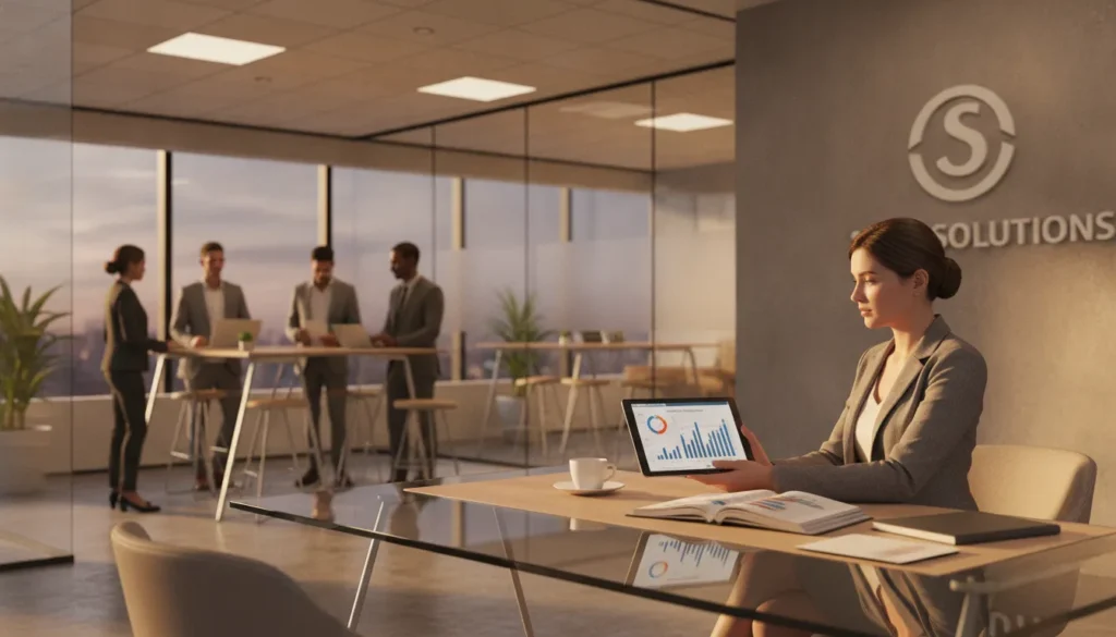 Professional consultant reviewing staffing agency markup rate analysis on tablet in modern office