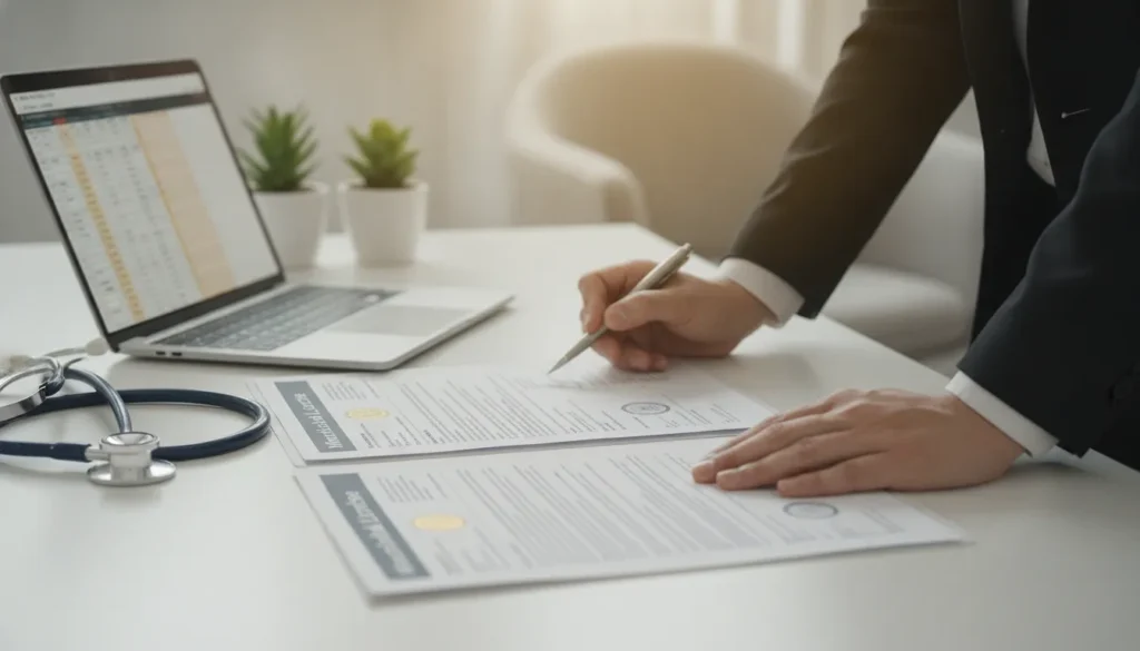 Medical compliance documents and stethoscope on a desk showing healthcare staffing agency paperwork