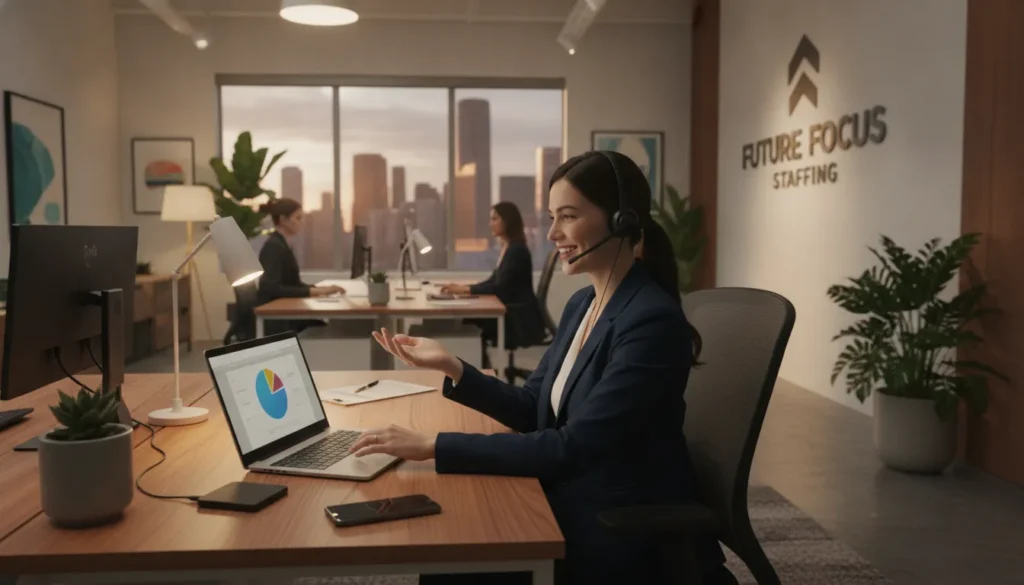 Professional staffing agency office desk with laptop and phone