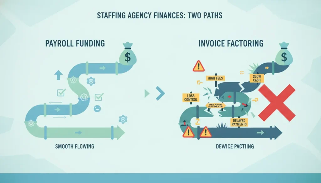 Comparison chart showing Payroll Funding smooth pipeline vs Invoice Factoring with warning signs for staffing agencies
