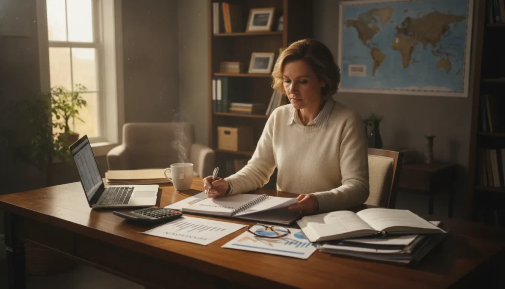 Independent staffing agency owner reviewing a business plan at a desk with financial documents, calculator, and laptop