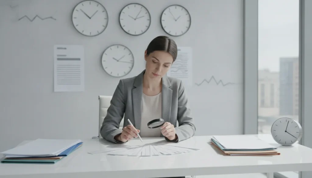 Payroll compliance specialist reviewing staffing time tracking records at a modern desk
