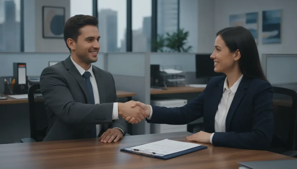 Professional staffing agency office with recruiter and client shaking hands at desk