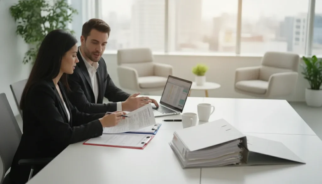 Two professionals reviewing compliance documents at a desk in a modern office