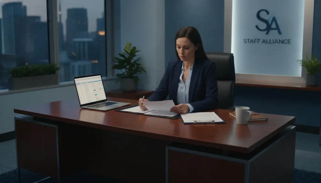 Staffing agency owner reviewing a temporary staffing agreement contract at a desk with a clipboard checklist