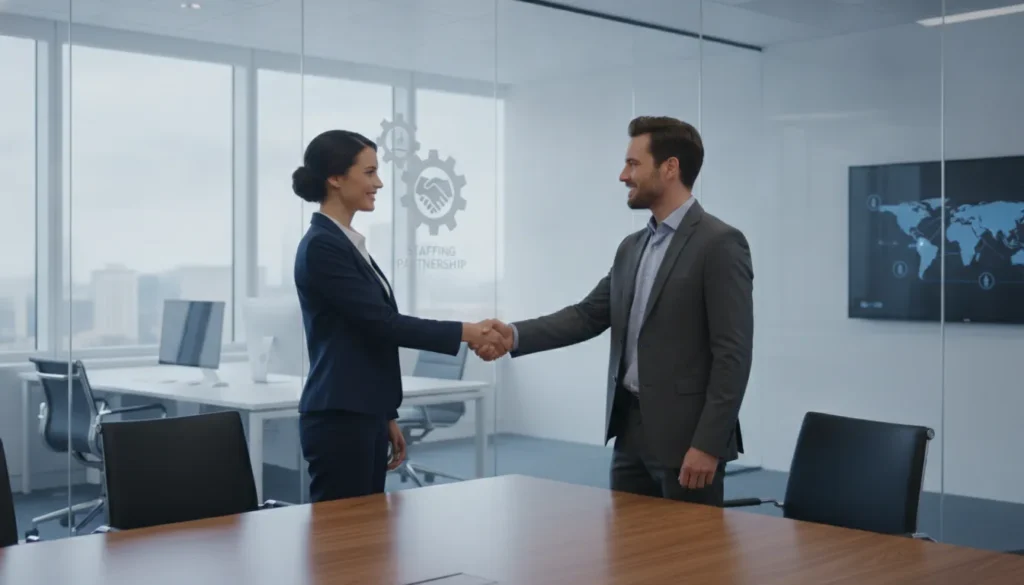 Professional handshake representing a staffing broker partnership between an independent recruiter and a back-office provider