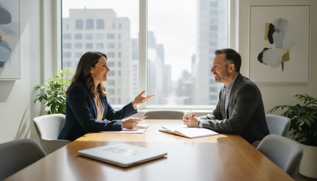 Staffing firm owner meeting with a back-office advisor about EOR operations