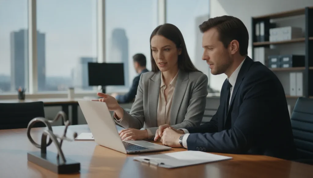 Back-office partner and staffing agency owner reviewing payroll operations in a professional office