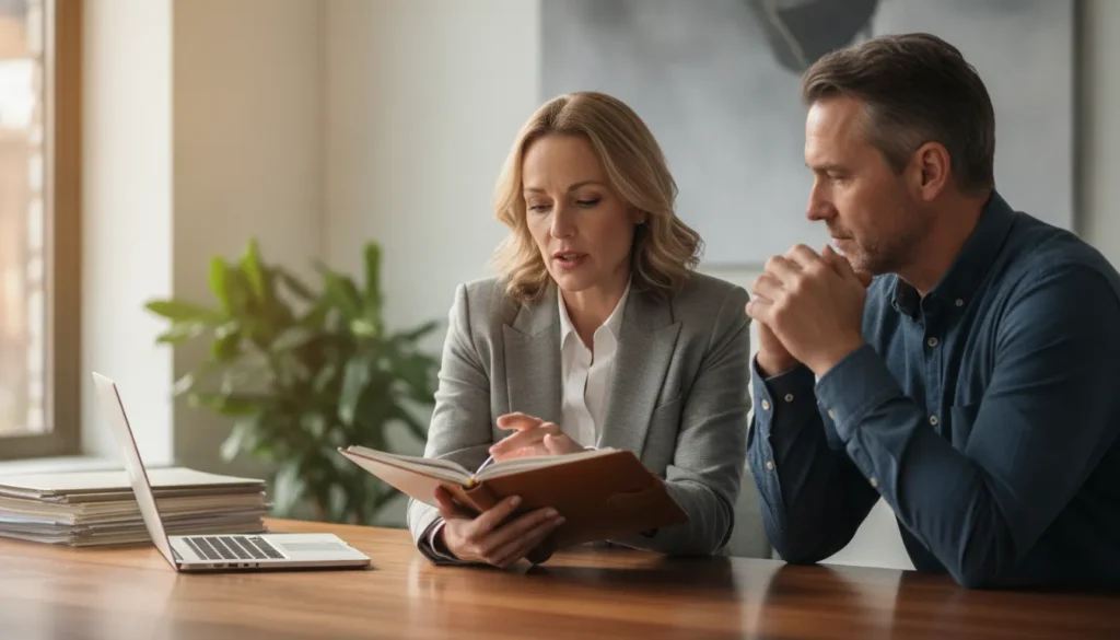 Two staffing professionals reviewing business growth plans at a bright office desk