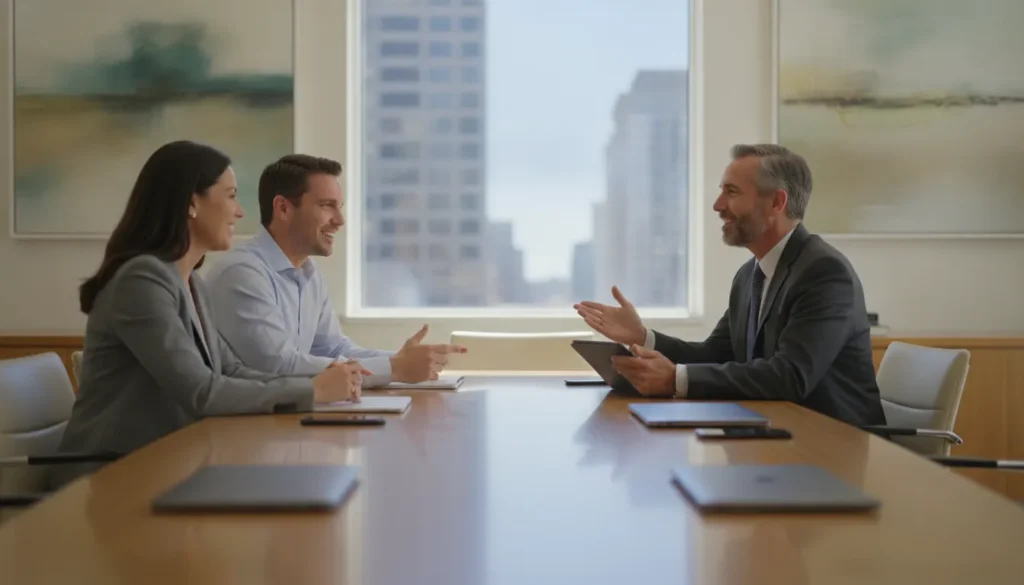 Two staffing firm owners discussing back-office payroll with an advisor partner in a modern office