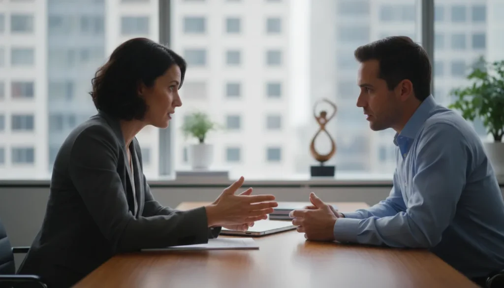 Staffing firm owner reviewing workers compensation cost factors with a back-office advisor