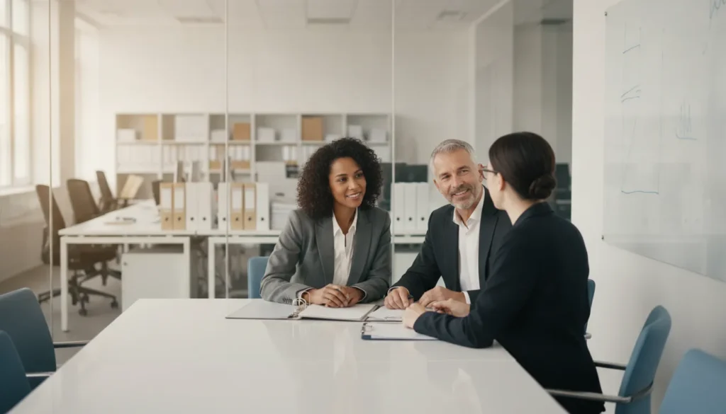 Staffing firm owners reviewing back-office payroll and operations with a professional advisor