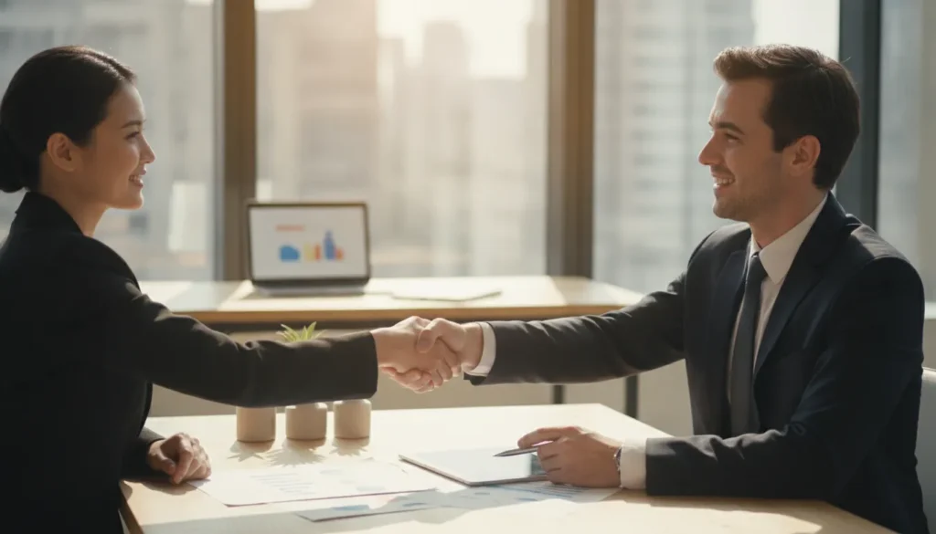 Two staffing business owners reviewing a back office service agreement with a partner in a modern office