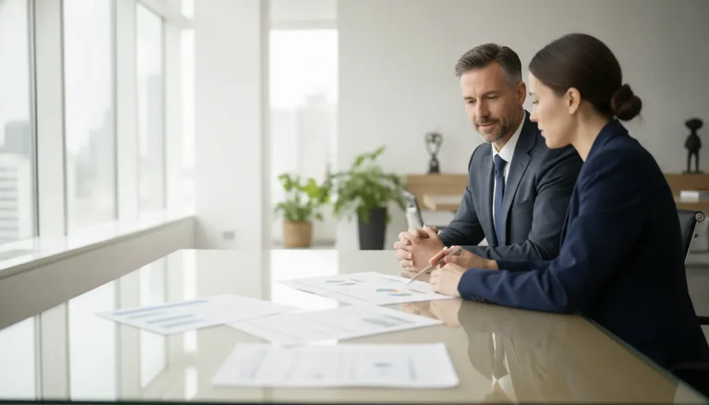 Staffing-firm owners reviewing compliance requirements with a back-office advisor in a bright office