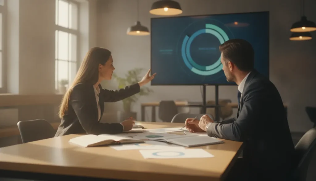 Two staffing-industry professionals reviewing market opportunity notes in a modern office