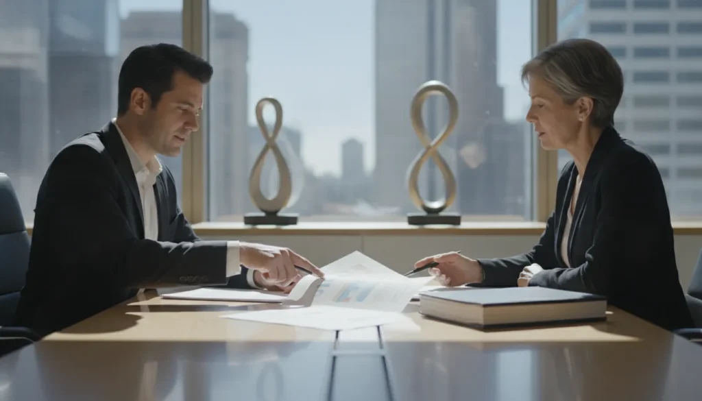 Staffing agency owners and an advisor reviewing compliance and risk management paperwork in a bright professional office