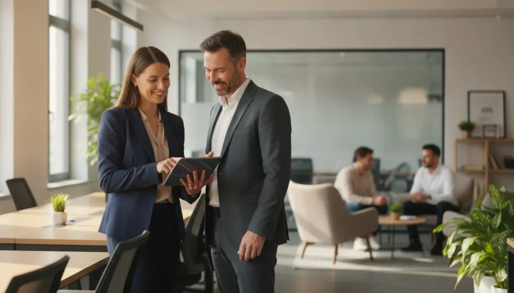 Staffing agent broker program owners discussing a branded firm plan with an advisor in a bright modern office