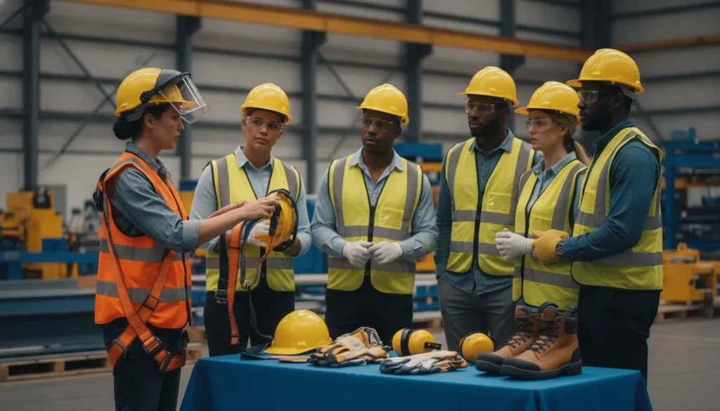 Safety instructor demonstrating protective equipment to diverse workers in hard hats in an industrial training room