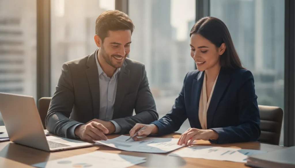 Two staffing agency owners reviewing contract documents in a professional office setting