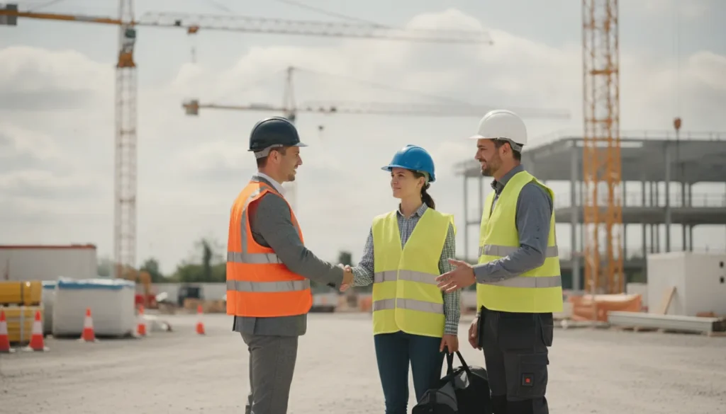 Staffing agency representative and construction supervisor discussing a worker assignment