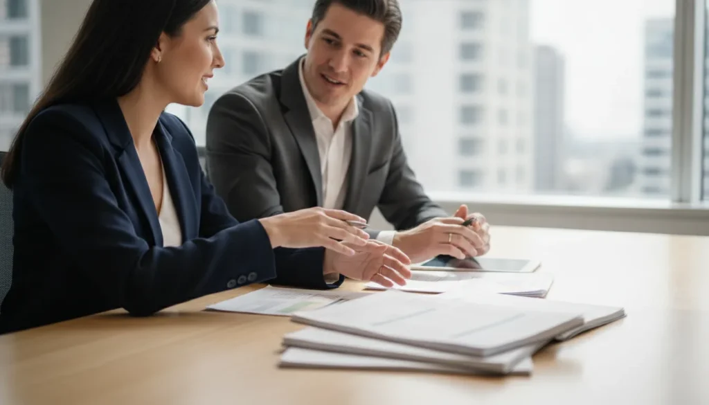 Staffing agency owner reviewing an invoice with a client operations partner