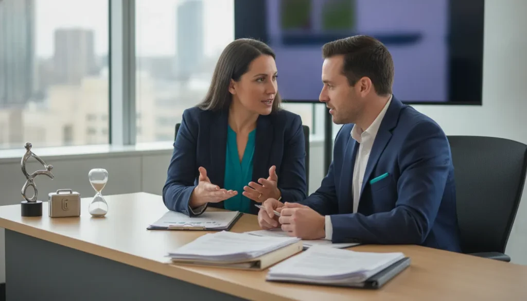 Recruiting firm owner and operations manager reviewing risk controls in a modern office