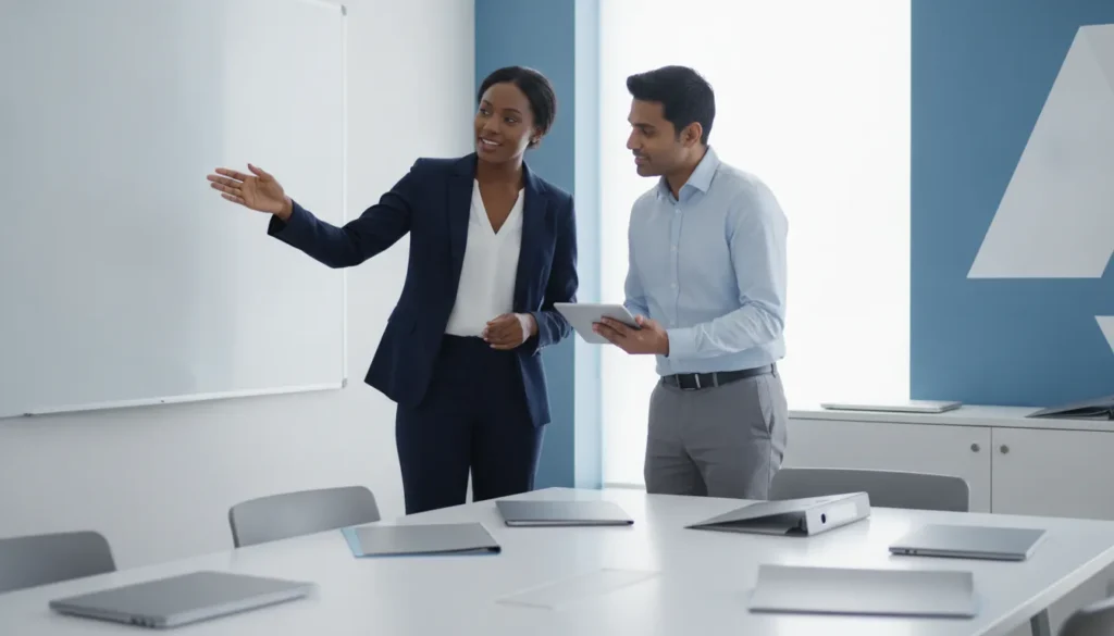 Staffing agency owner reviewing an employee records management workflow with an HR operations partner
