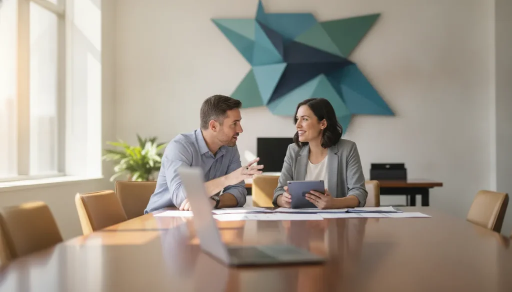Staffing agency owner and back-office partner discussing operations